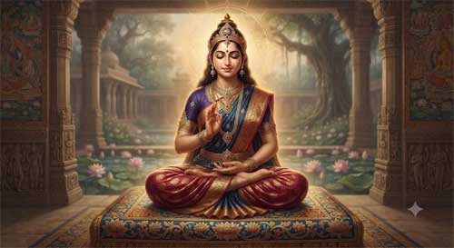 La Reina Śrīmālā exponiendo el Dharma con dignidad y sabiduría