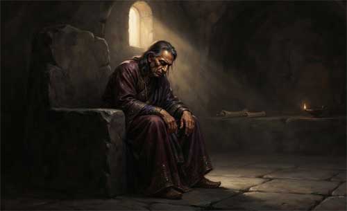 Representación artística del rey Ajatashatru buscando paz interior