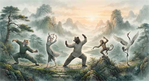 Representación artística de los ejercicios de los cinco animales de Hua Tuo
