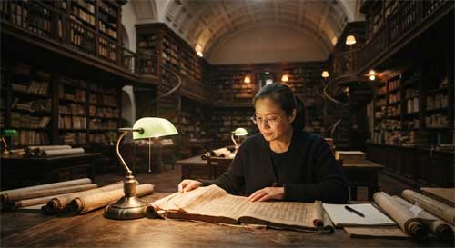 Investigador estudiando manuscritos antiguos en la Biblioteca de Shanghai