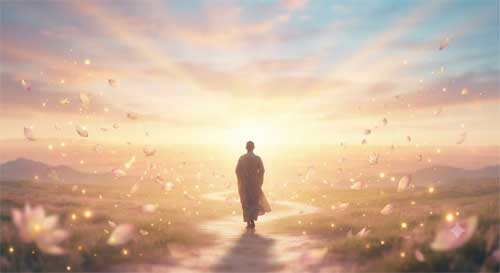 Representación artística de un sendero luminoso que se extiende hacia el horizonte, simbolizando el camino del Bodhisattva
