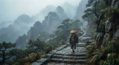 Sendero antiguo entre montañas bajo la lluvia, simbolizando la práctica en la adversidad