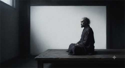 Silueta serena de Bodhidharma meditando frente a una pared simple con luz tenue