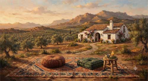 Paisaje andaluz sereno con un pequeño templo o espacio de meditación