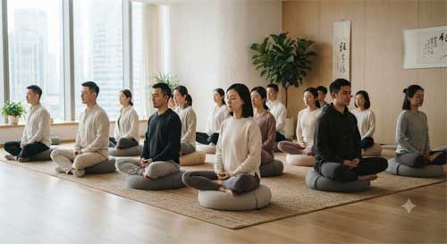 Jóvenes chinos participando en una actividad de meditación o ritual budista moderno