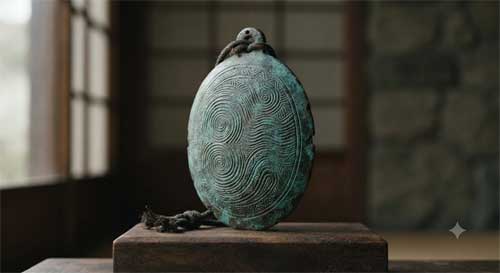 Campana Dorei de bronce antiguo con patrón geométrico espiral