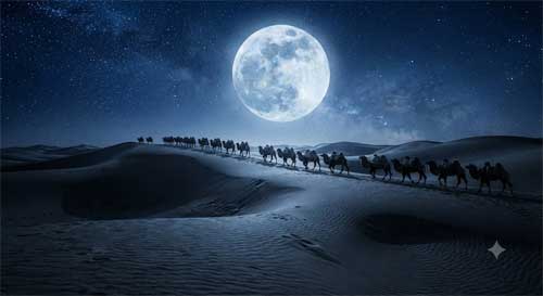 Silueta de una caravana de camellos bajo una luna llena en el desierto
