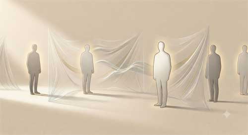 Representación artística de barreras sociales invisibles entre personas