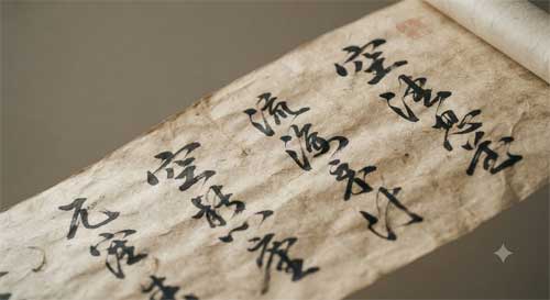 Manuscrito antiguo japonés con caligrafía delicada sobre un fondo de papel de arroz texturizado