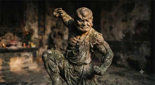 Estatuas de los 18 Luohan con expresiones fieras y posturas marciales