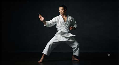 Practicante de karate ejecutando una forma (kata) con elegancia y precisión en un entorno sereno