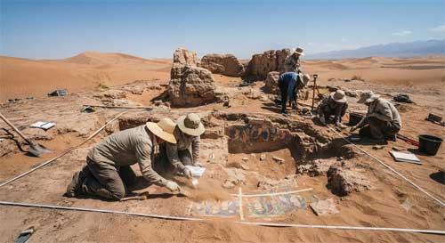 Arqueólogos trabajando en ruinas budistas semienterradas en el desierto