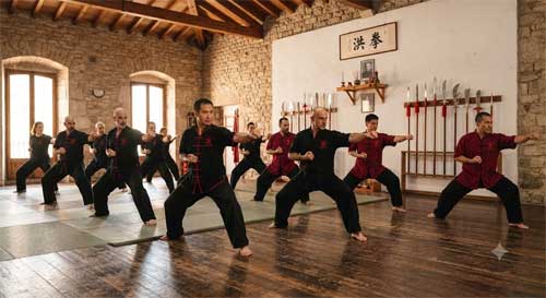 Practicantes de Hung Kuen realizando formas tradicionales en un dojo de Barcelona