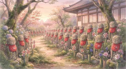 Estatuas de Jizō en una ceremonia Mizuko Kuyō