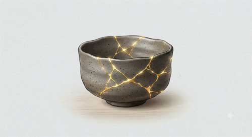 Cerámica reparada con la técnica Kintsugi usando polvo de oro