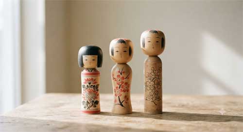 Grupo de muñecas Kokeshi tradicionales de madera con diseños florales sencillos