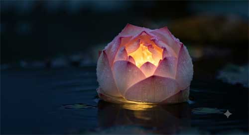 Flor de loto con luz dorada emanando desde su interior