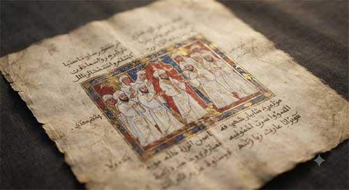 Detalle de un manuscrito maniqueo antiguo con figuras vestidas de blanco