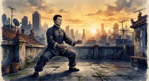 Silueta de practicante de artes marciales en azotea de Hong Kong