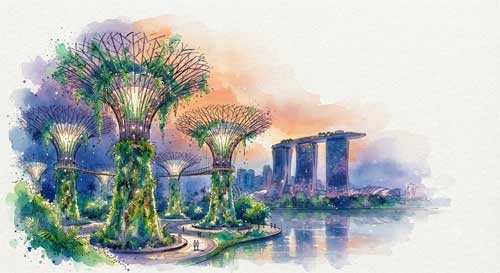 Vista futurista de Marina Bay Sands y Gardens by the Bay en Singapur