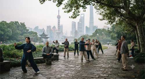 Personas meditando en un parque urbano de Shanghai con rascacielos al fondo