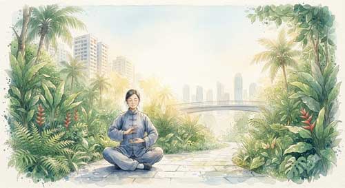 Persona meditando en un entorno verde y moderno de Singapur