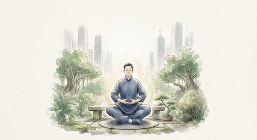 Persona practicando meditación o qigong en un parque urbano de Hong Kong
