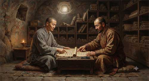 Monjes budistas uyghures y chinos compartiendo enseñanzas