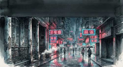 Calles de Hong Kong con letreros de neón y arquitectura colonial