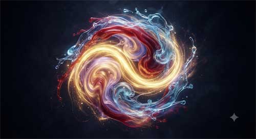 Representación artística abstracta de flujos de energía y líquido entrelazados en armonía