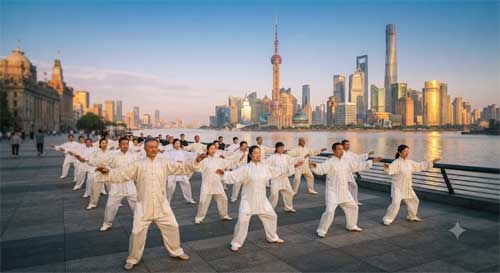 Grupo practicando Qigong frente al skyline de Shanghai