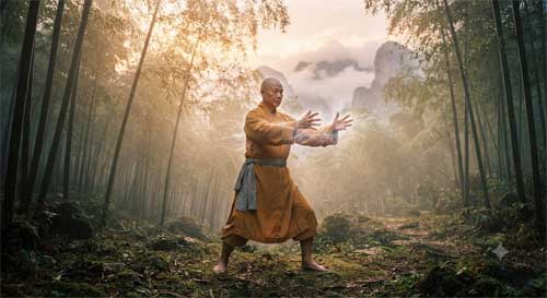 Monje practicando Qigong en un entorno natural sereno