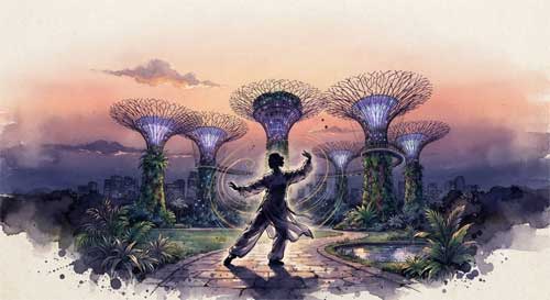 Practicante de Qigong frente a los Supertrees de Gardens by the Bay