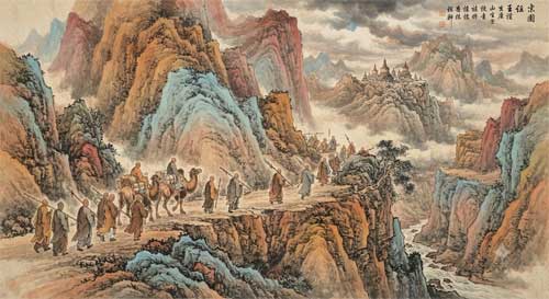 Representación artística de monjes guerreros viajando por la Ruta de la Seda