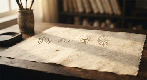 Representación artística de un manuscrito antiguo o símbolos budistas relacionados con la atención plena