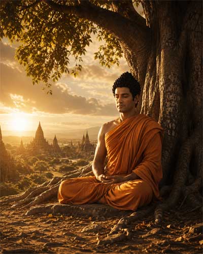 Fotograma de la serie de televisión mostrando a Buda sentado bajo el árbol Bodhi con iluminación cinematográfica