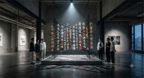 Instalación de arte moderno en Shanghai que mezcla caligrafía china con tecnología digital