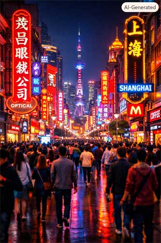 Calle abarrotada de Shanghai con luces de neón y multitud