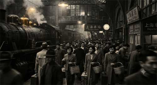 Representación artística de una estación de tren antigua en Shanghai con atmósfera melancólica