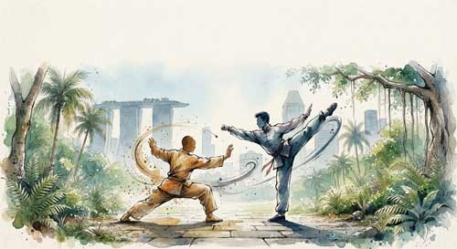 Practicantes de artes marciales en un entorno urbano de Singapur
