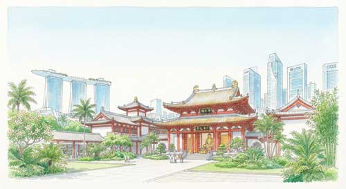 Templo budista impecable en un entorno urbano limpio y verde de Singapur