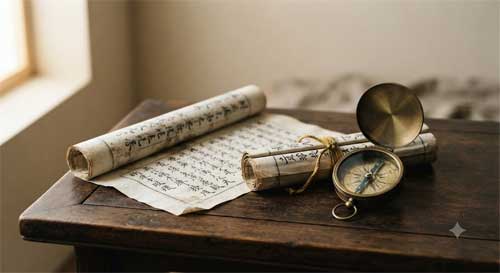 Representación artística de antiguos manuscritos budistas iluminados por una luz suave