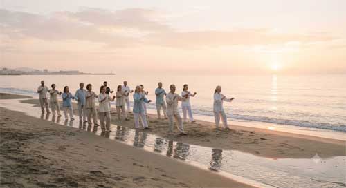 Grupo practicando Tai Chi al amanecer en una playa de Málaga
