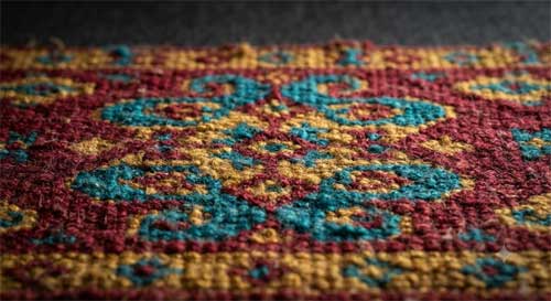Detalle de un tejido tradicional uyghur con patrones geométricos coloridos
