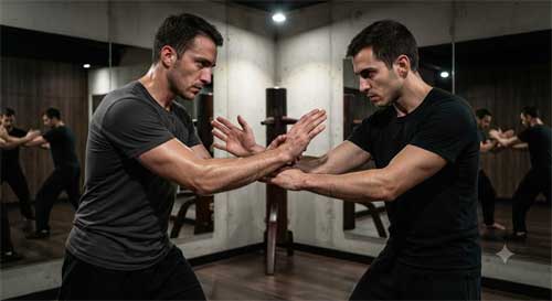 Practicantes de Wing Chun entrenando Chi Sao en un centro de Madrid