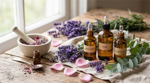 Frascos de aceites esenciales con plantas aromáticas