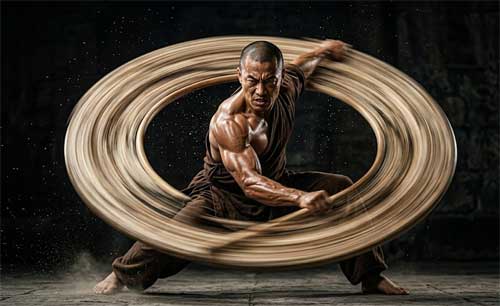 Monje Shaolin practicando con el bastón