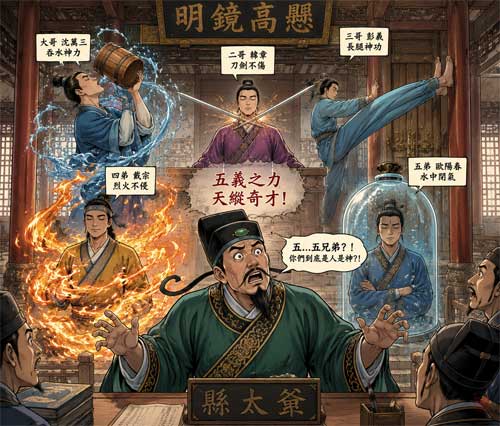 Ilustración de los cinco hermanos con sus habilidades únicas