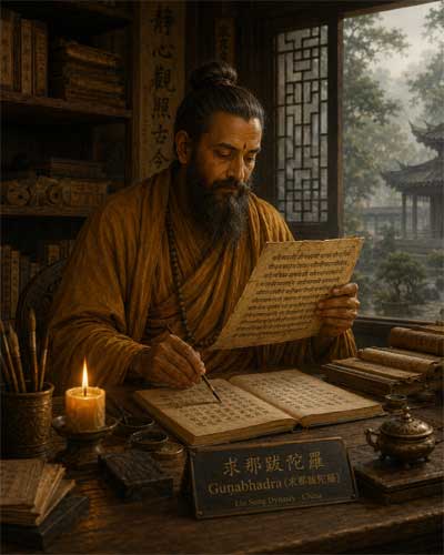 Gunabhadra trabajando en la traducción de los sutras