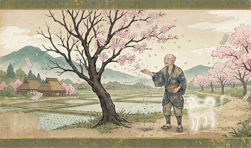 Hanasaka Jiisan haciendo florecer un cerezo seco con cenizas